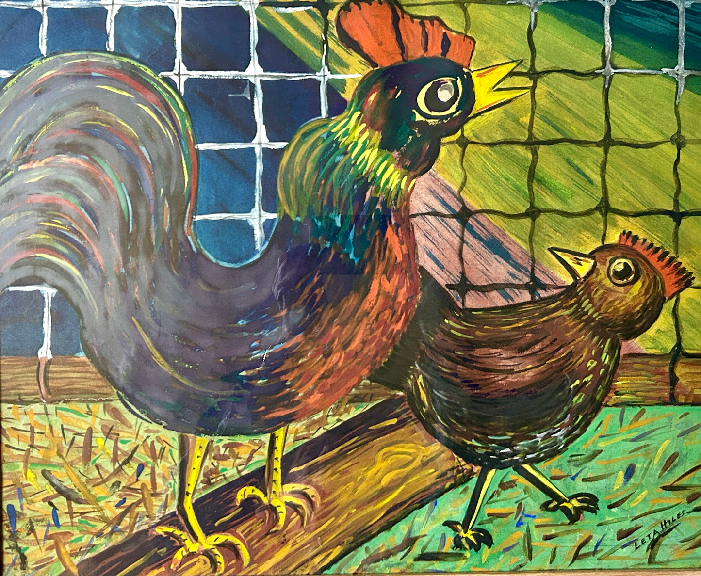 LETA HILES CALIFORNIA ARTIST LARGE WATERCOLOR OF ROOSTER AND HEN