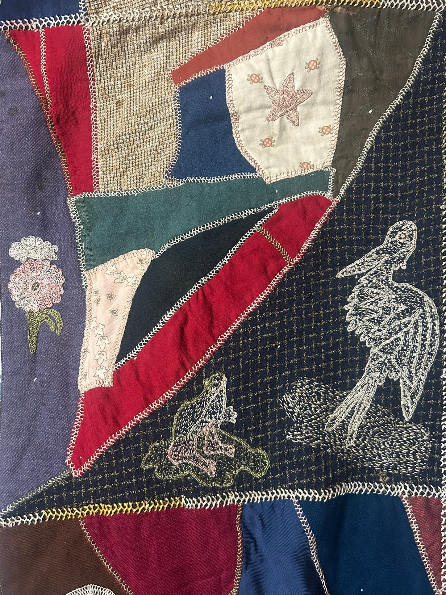 FOLK ART ANTIQUE CRAZY QUILT WITH FANTASTIC FIGURAL SQUARES