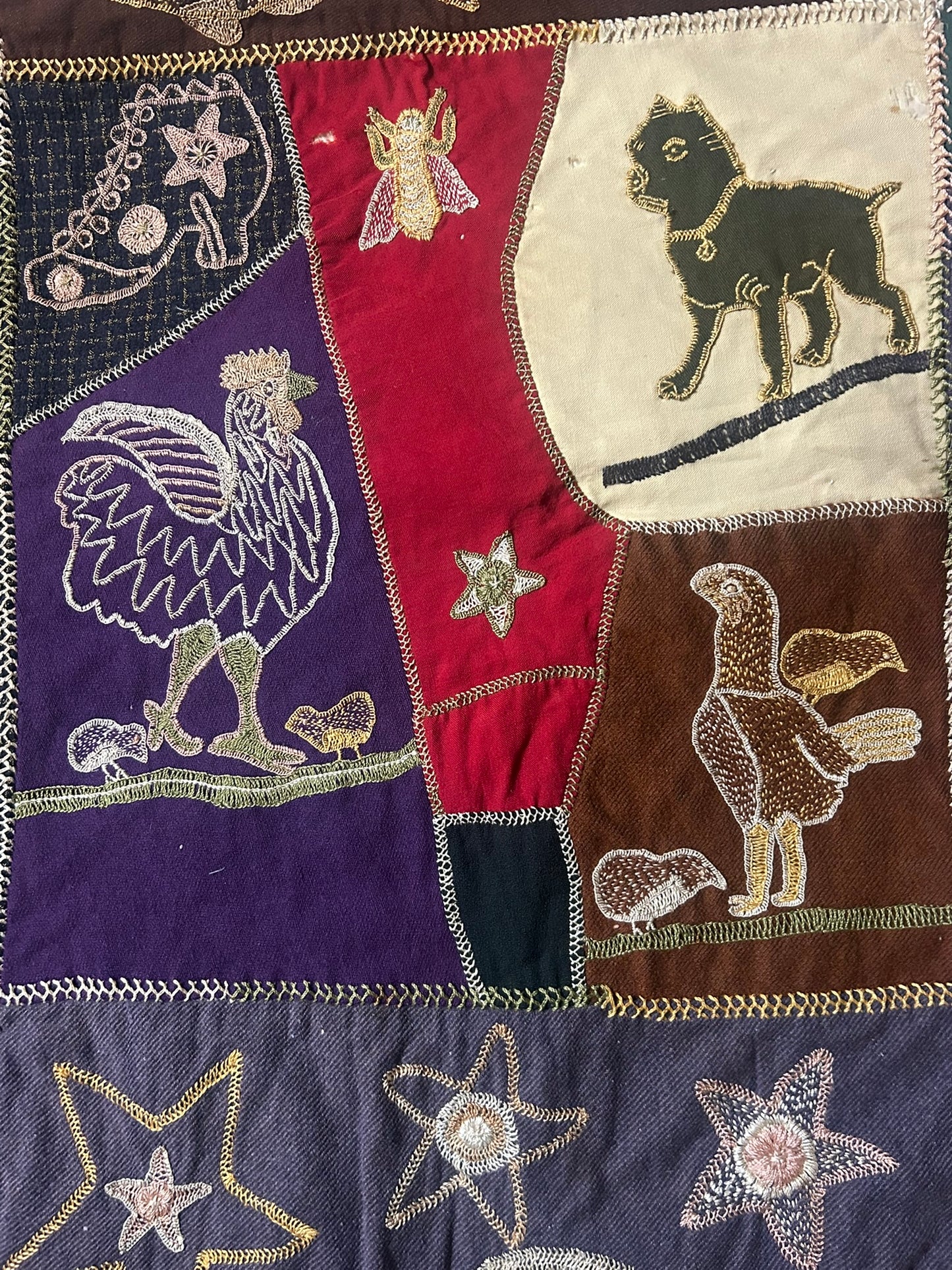 FOLK ART ANTIQUE CRAZY QUILT WITH FANTASTIC FIGURAL SQUARES