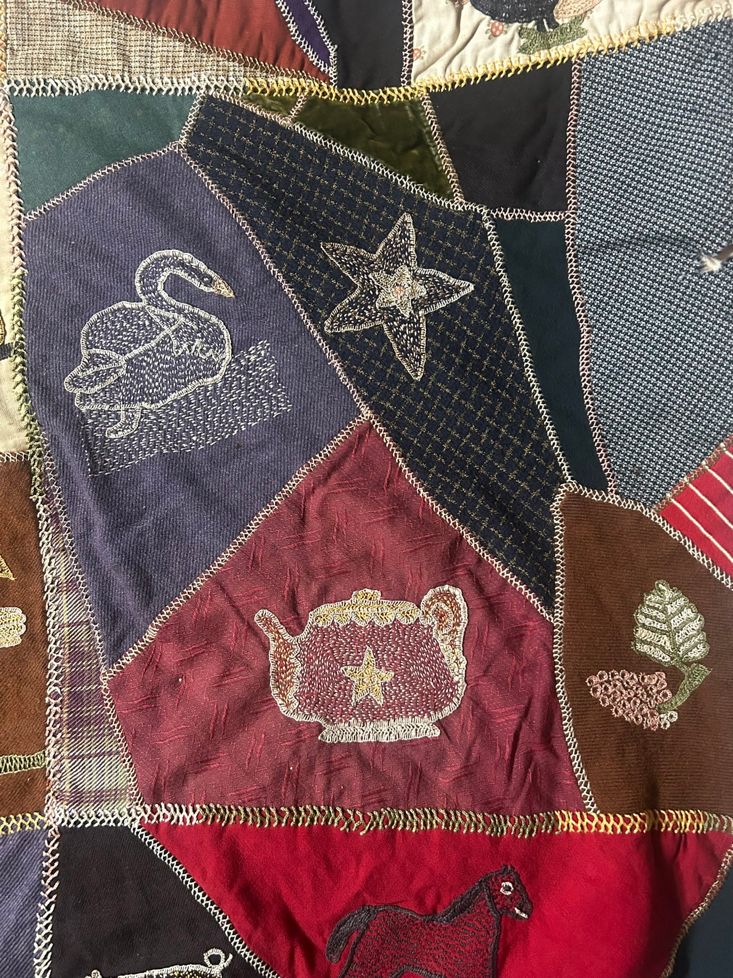 FOLK ART ANTIQUE CRAZY QUILT WITH FANTASTIC FIGURAL SQUARES