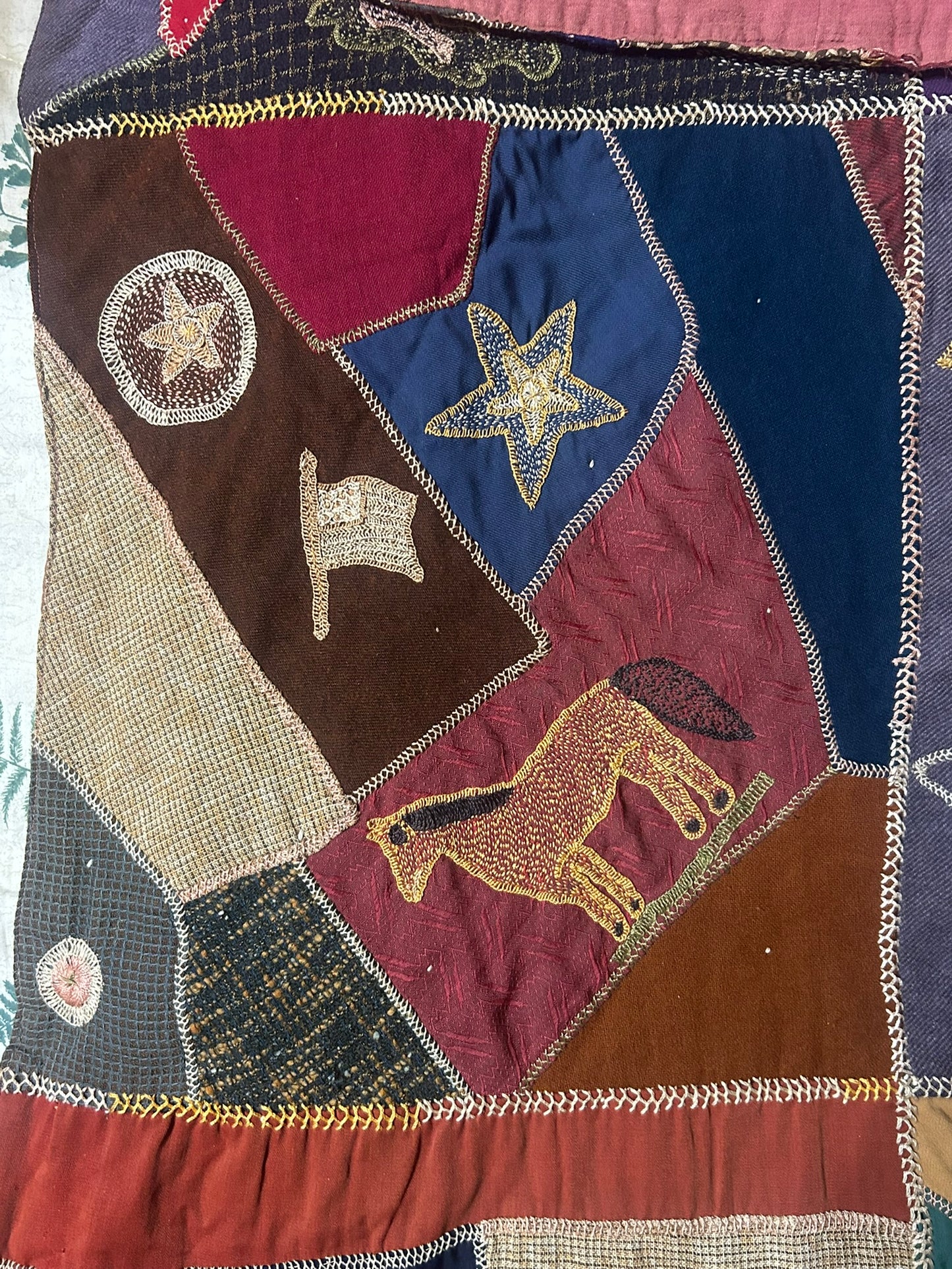 FOLK ART ANTIQUE CRAZY QUILT WITH FANTASTIC FIGURAL SQUARES
