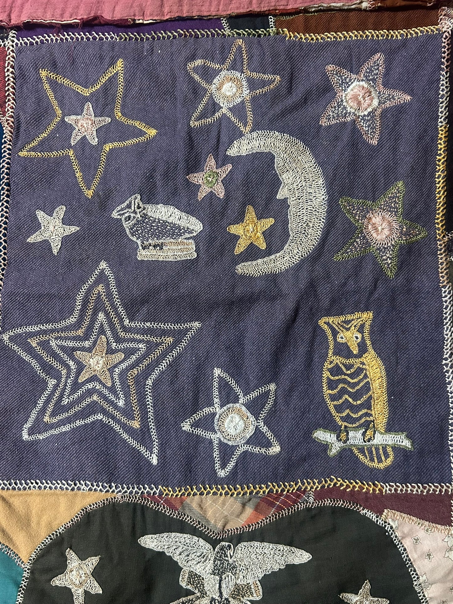 FOLK ART ANTIQUE CRAZY QUILT WITH FANTASTIC FIGURAL SQUARES
