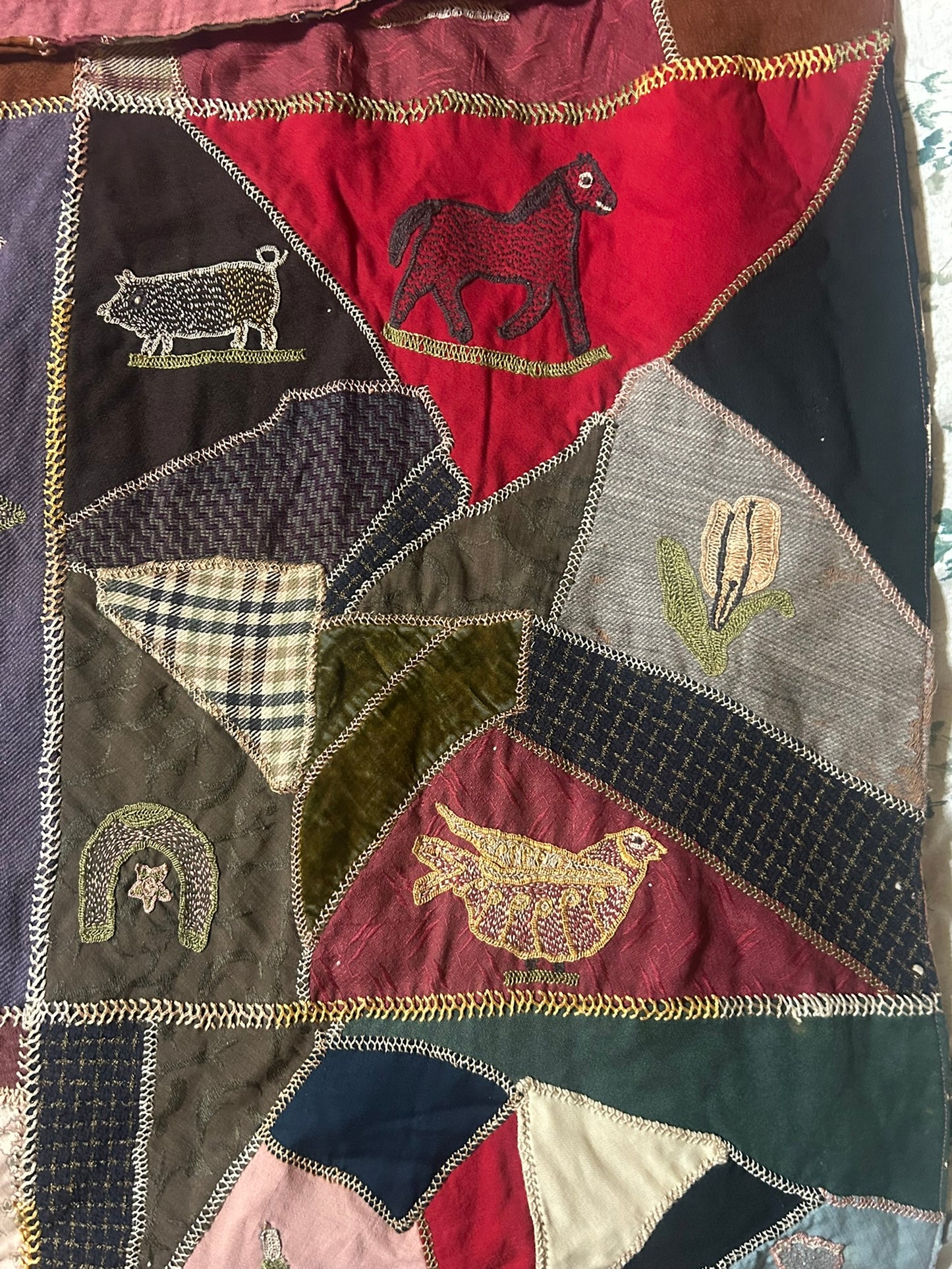 FOLK ART ANTIQUE CRAZY QUILT WITH FANTASTIC FIGURAL SQUARES
