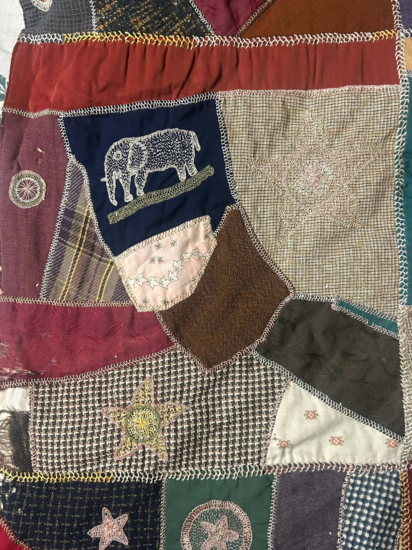 FOLK ART ANTIQUE CRAZY QUILT WITH FANTASTIC FIGURAL SQUARES