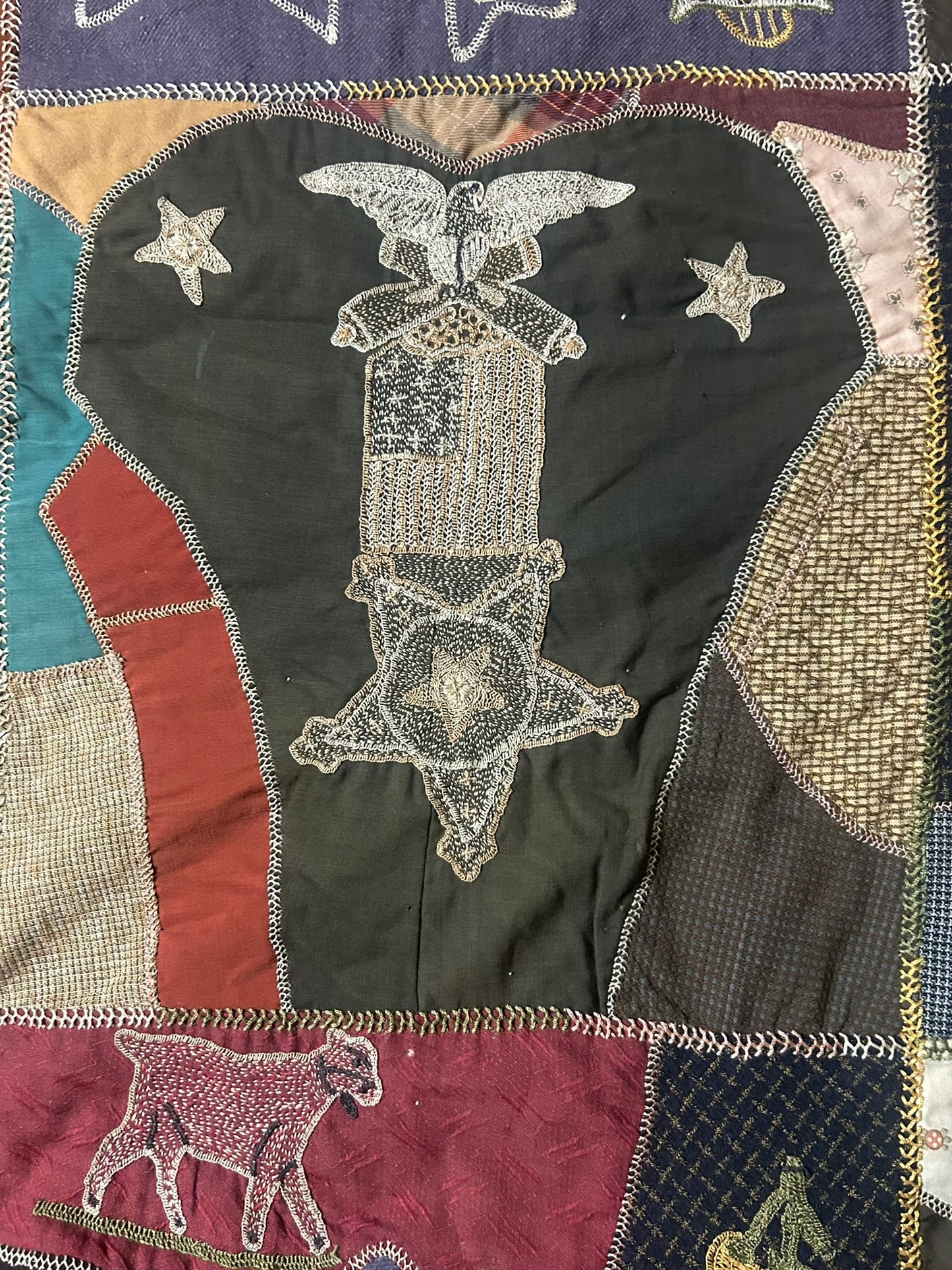 FOLK ART ANTIQUE CRAZY QUILT WITH FANTASTIC FIGURAL SQUARES
