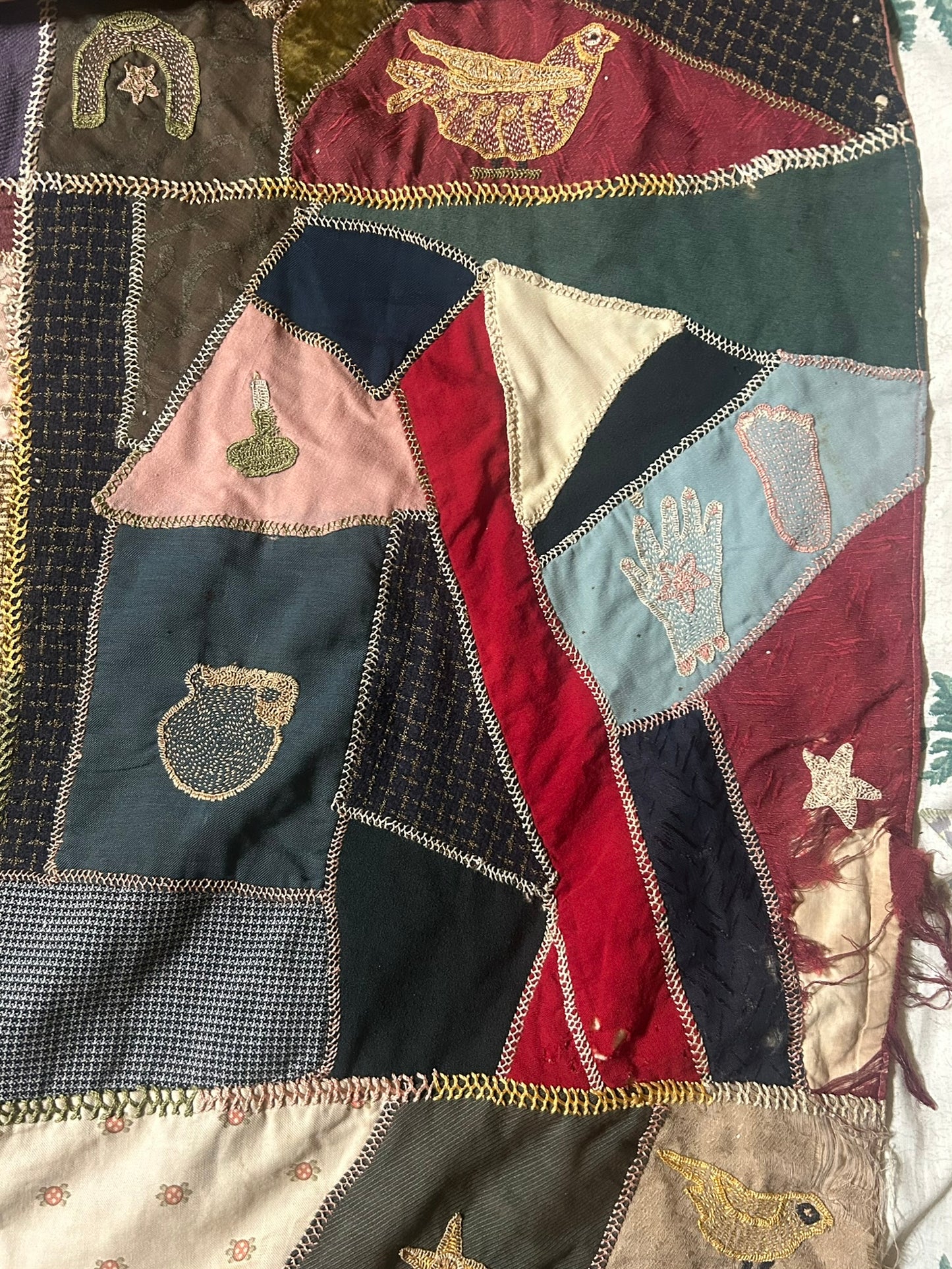 FOLK ART ANTIQUE CRAZY QUILT WITH FANTASTIC FIGURAL SQUARES
