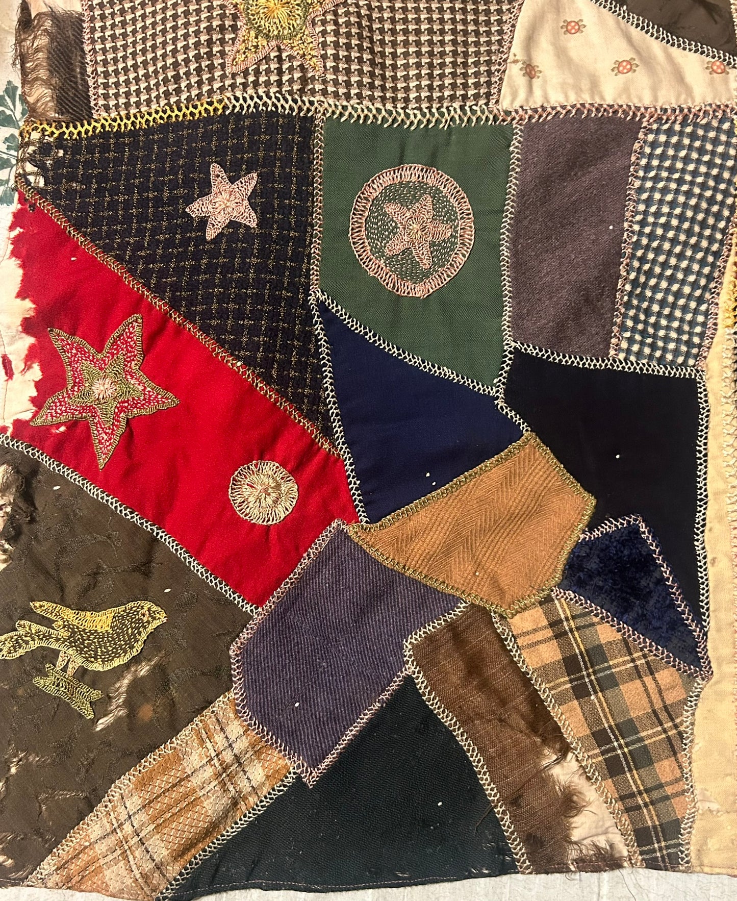 FOLK ART ANTIQUE CRAZY QUILT WITH FANTASTIC FIGURAL SQUARES