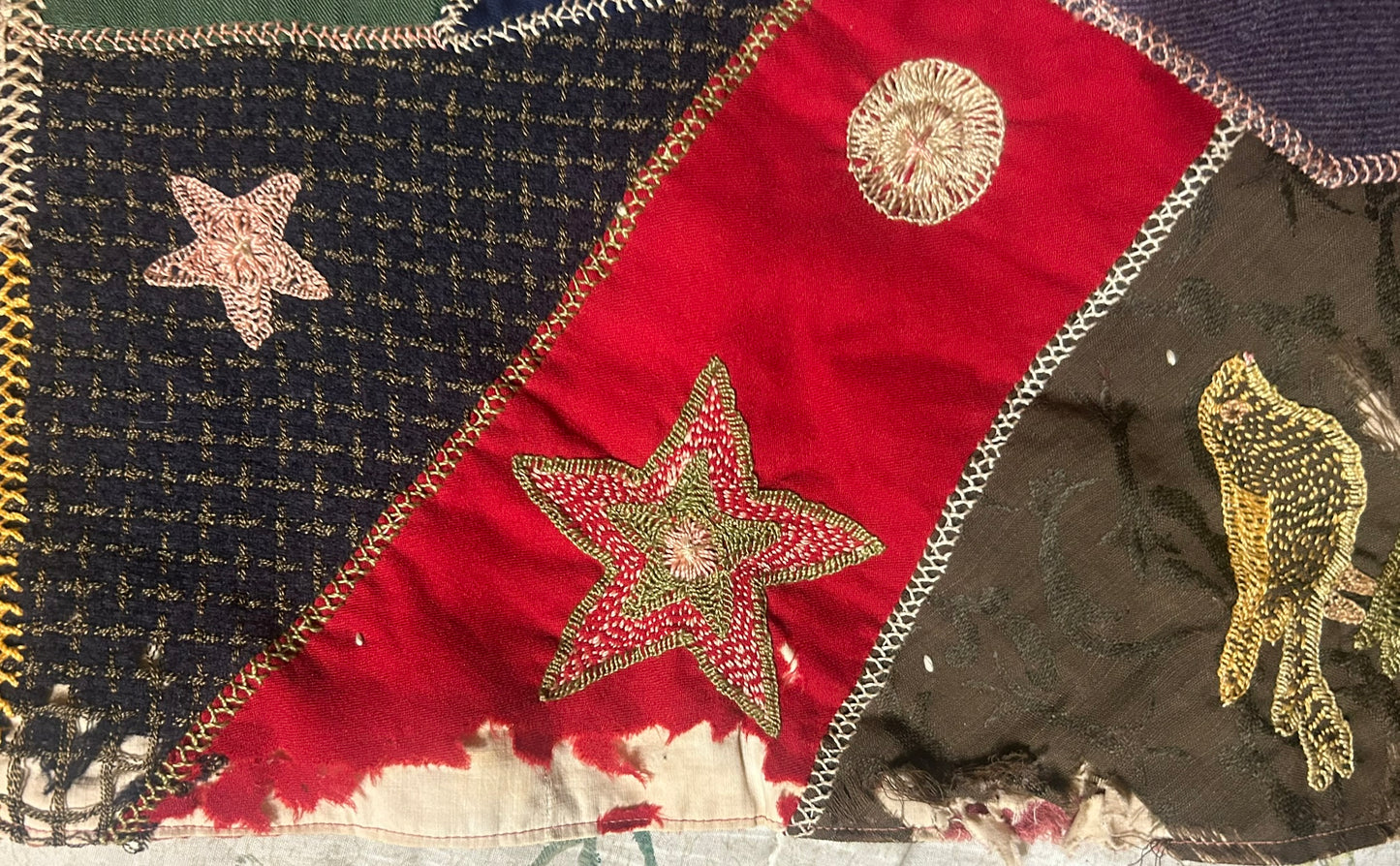 FOLK ART ANTIQUE CRAZY QUILT WITH FANTASTIC FIGURAL SQUARES