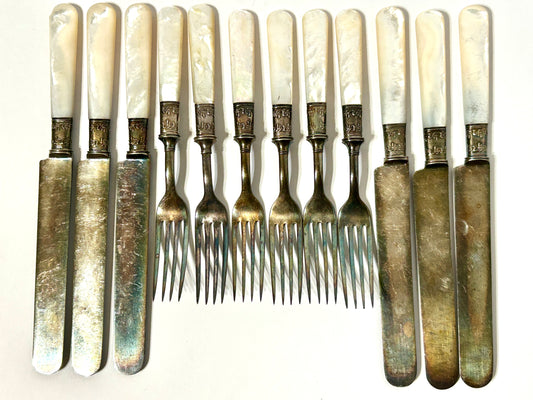ANTIQUE STERLING AND MOTHER OF PEARL HANDLED KNIVES AND FORKS SET