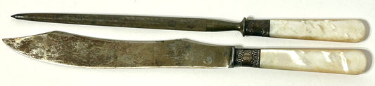 ANTIQUE STERLING AND MOTHER OF PEARL HANDLED KNIFE AND SHARPENER