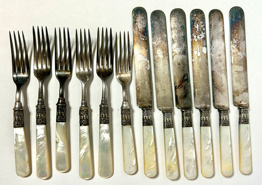 ANTIQUE STERLING AND MOTHER OF PEARL KNIVES AND FORKS