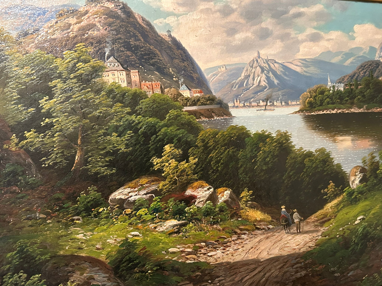 ARNOLD FORSTMANN 1842-1914 PAINTING OF MOUNTAINS AND LAKE WITH PEOPLE
