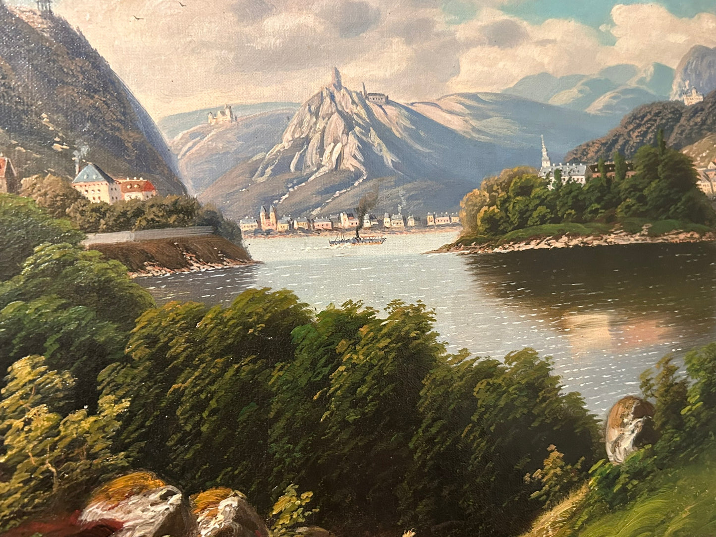 ARNOLD FORSTMANN 1842-1914 PAINTING OF MOUNTAINS AND LAKE WITH PEOPLE