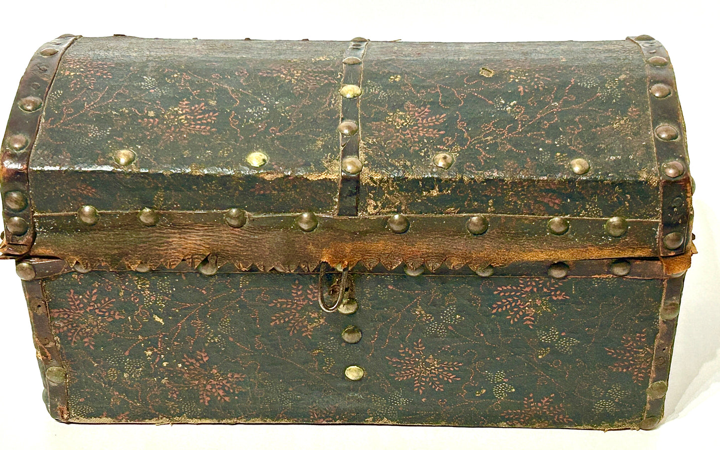 ANTIQUE EARLY LEATHER FLORAL PAINTED TRUNK