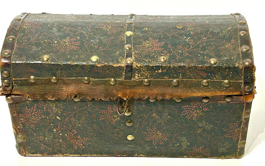 ANTIQUE EARLY LEATHER FLORAL PAINTED TRUNK