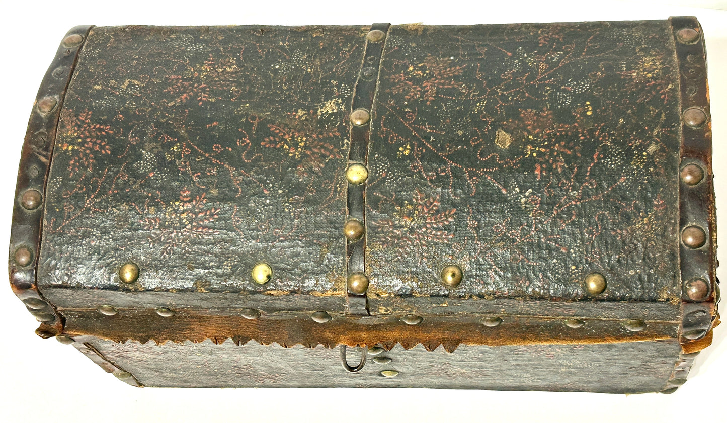 ANTIQUE EARLY LEATHER FLORAL PAINTED TRUNK
