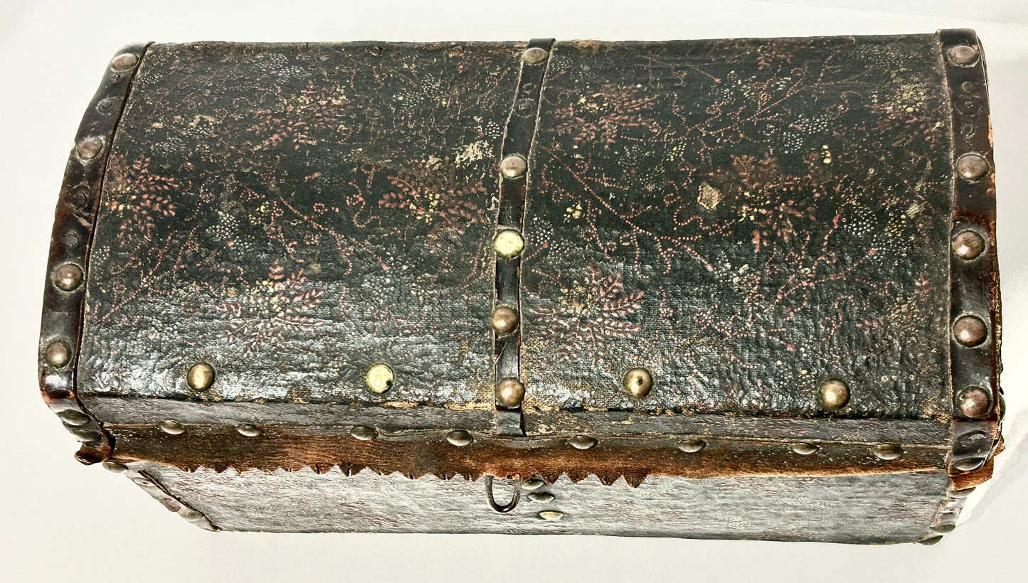 ANTIQUE EARLY LEATHER FLORAL PAINTED TRUNK