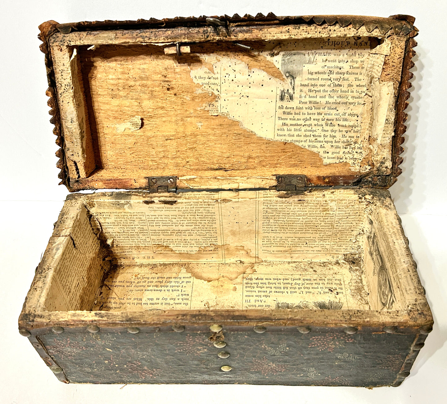 ANTIQUE EARLY LEATHER FLORAL PAINTED TRUNK