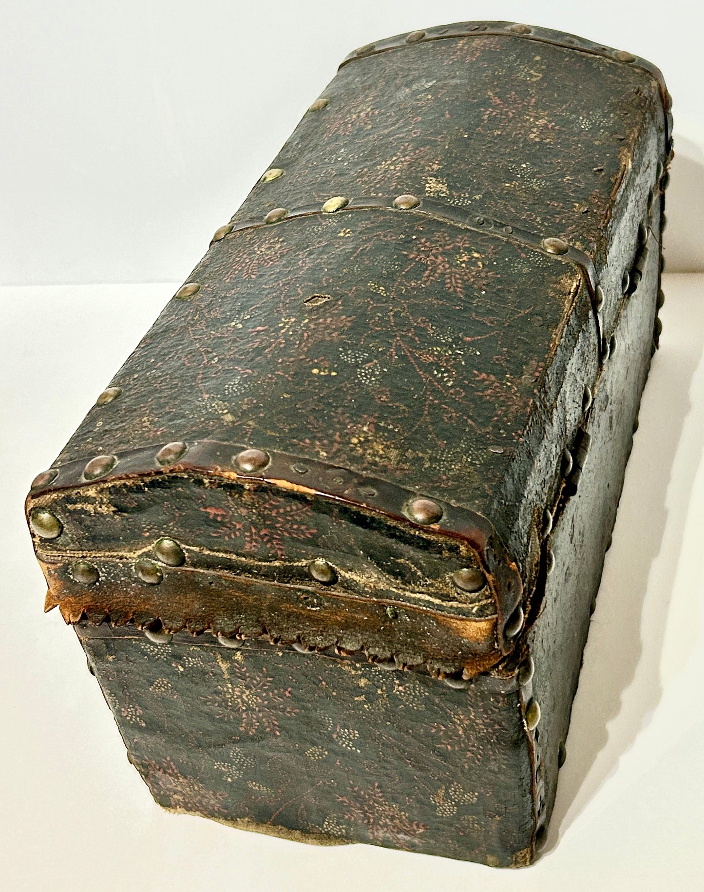 ANTIQUE EARLY LEATHER FLORAL PAINTED TRUNK