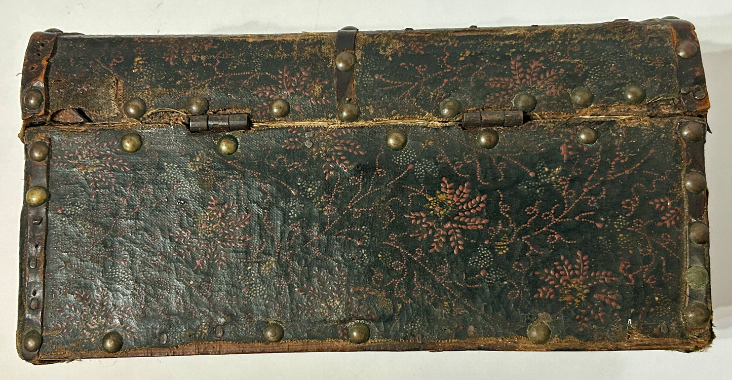 ANTIQUE EARLY LEATHER FLORAL PAINTED TRUNK