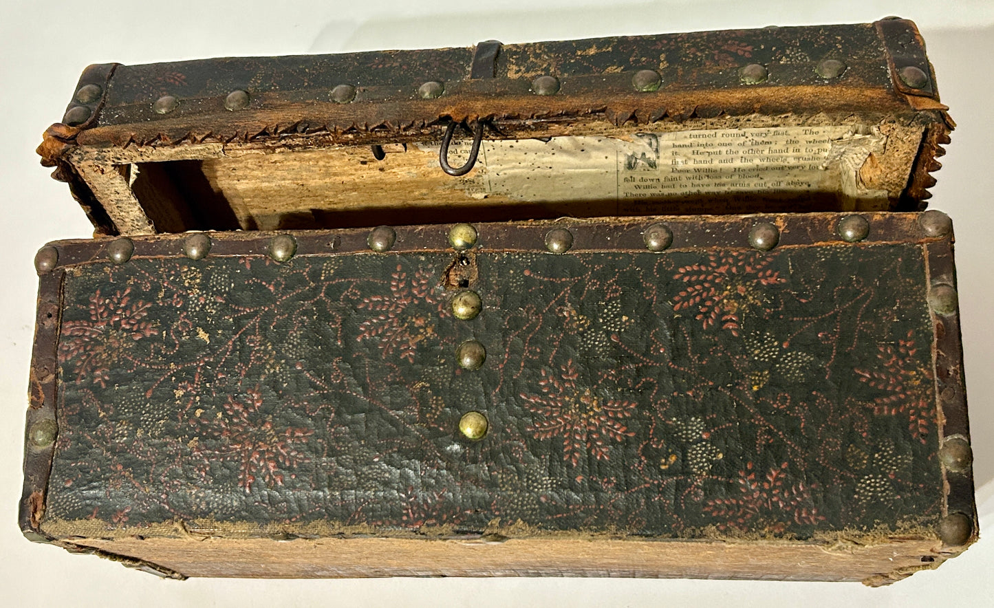 ANTIQUE EARLY LEATHER FLORAL PAINTED TRUNK