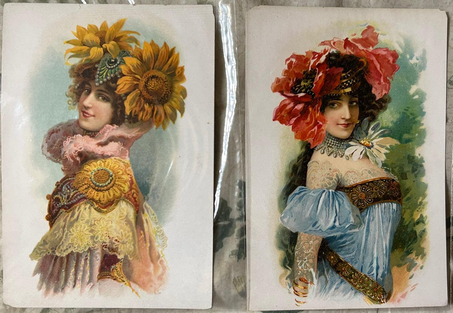 ANTIQUE PRINTS OF WOMEN WEARING LARGE FLOWERS EARLY 1900'S
