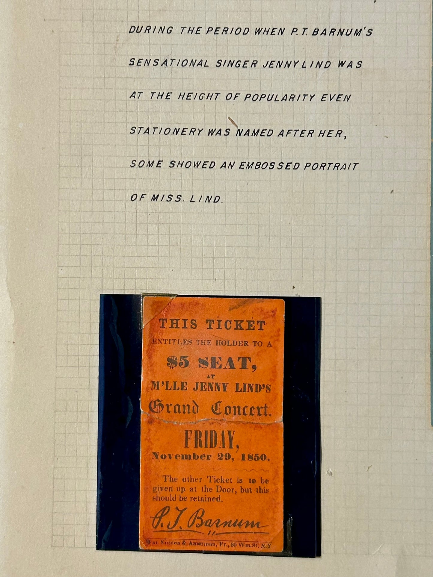 JENNY LIND ANTIQUE 1850 MEMORABILIA-TICKET, PORTRAIT & STATIONERY