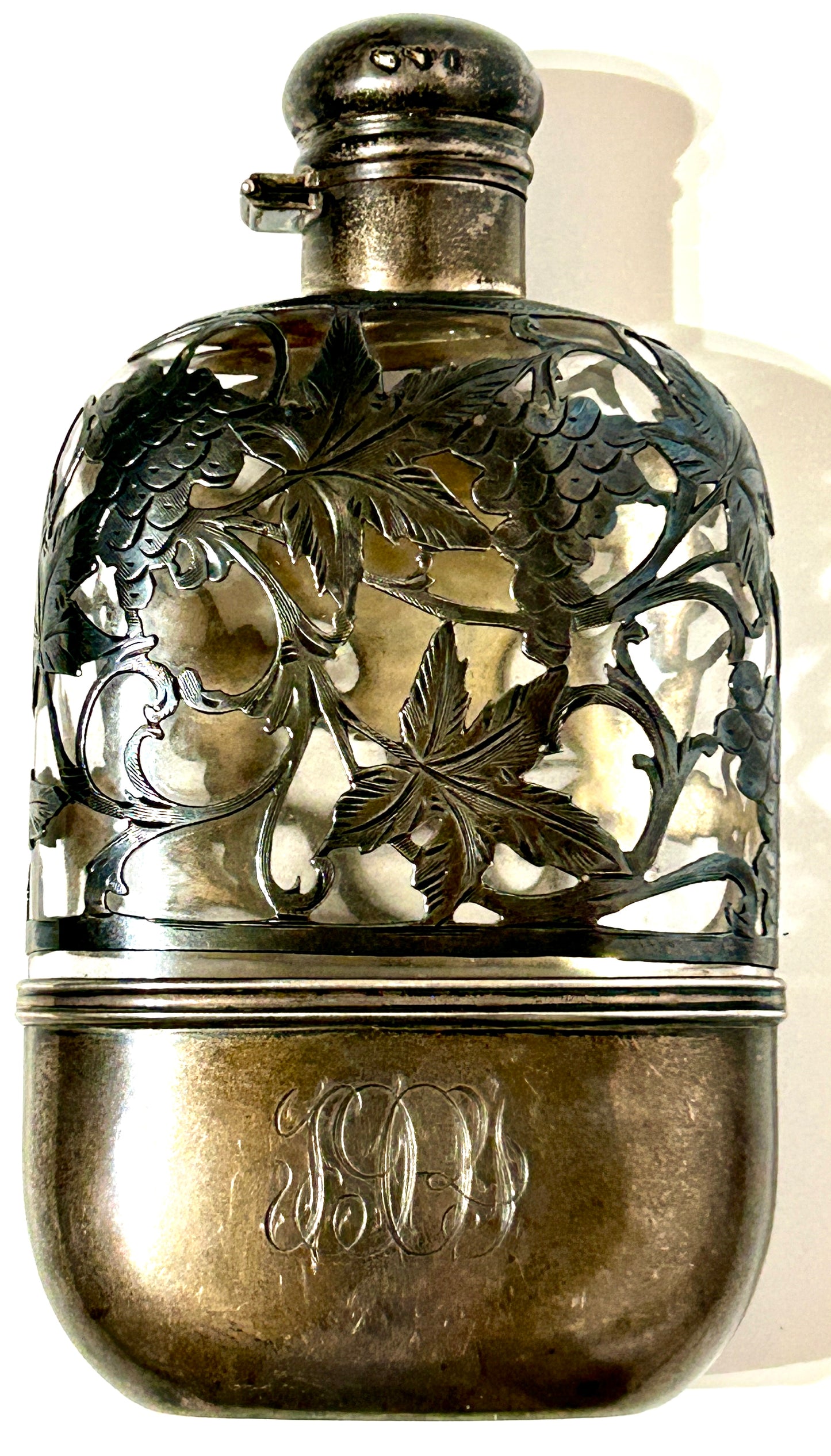 ANTIQUE STERLING OVERLAY ON GLASS PINT WHISKEY FLASK