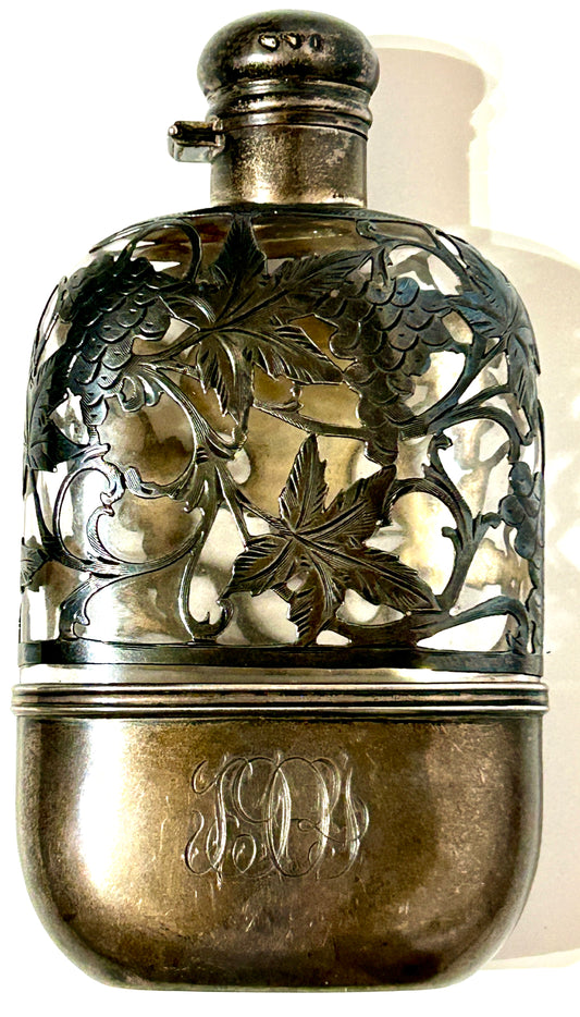 ANTIQUE STERLING OVERLAY ON GLASS PINT WHISKEY FLASK