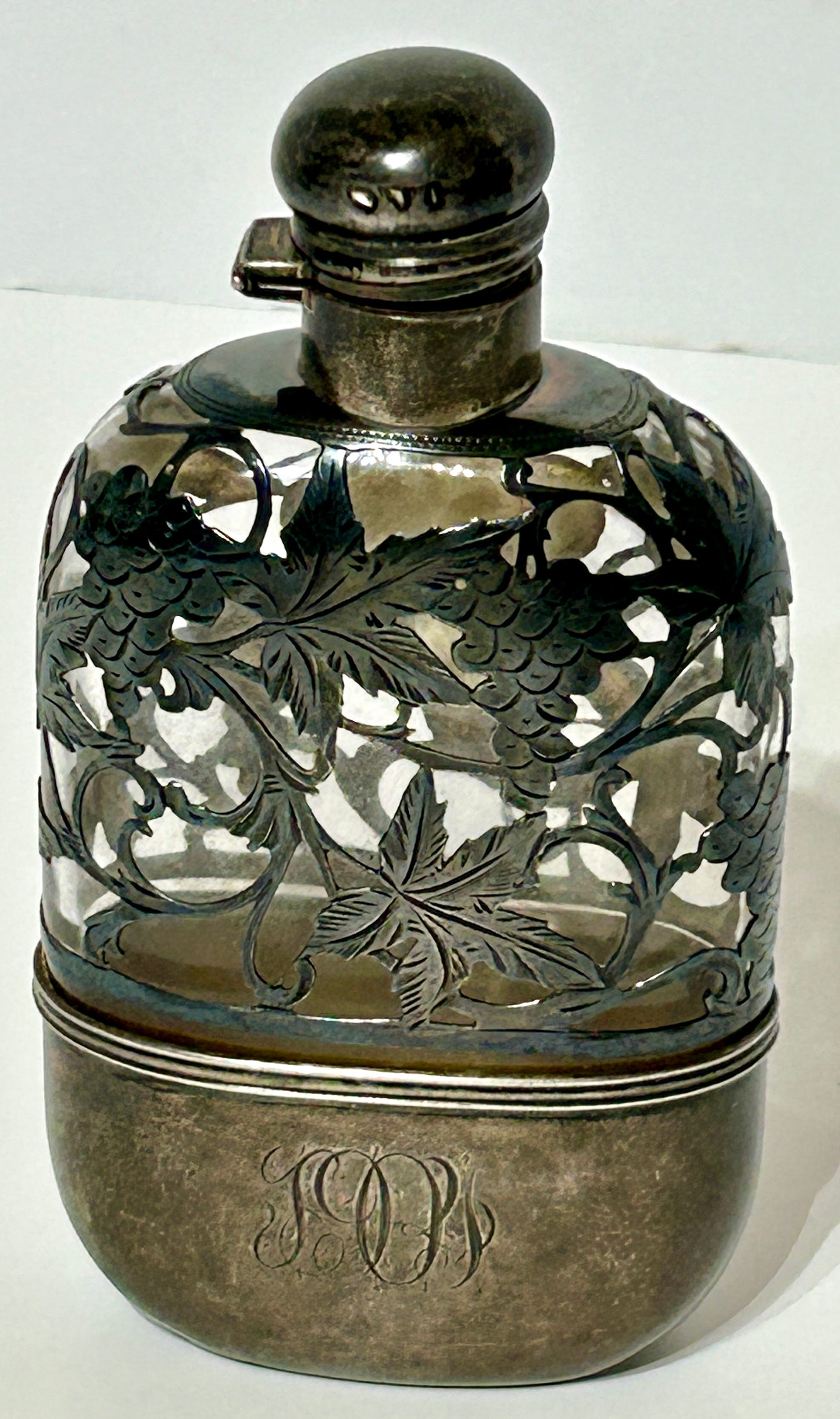 ANTIQUE STERLING OVERLAY ON GLASS PINT WHISKEY FLASK