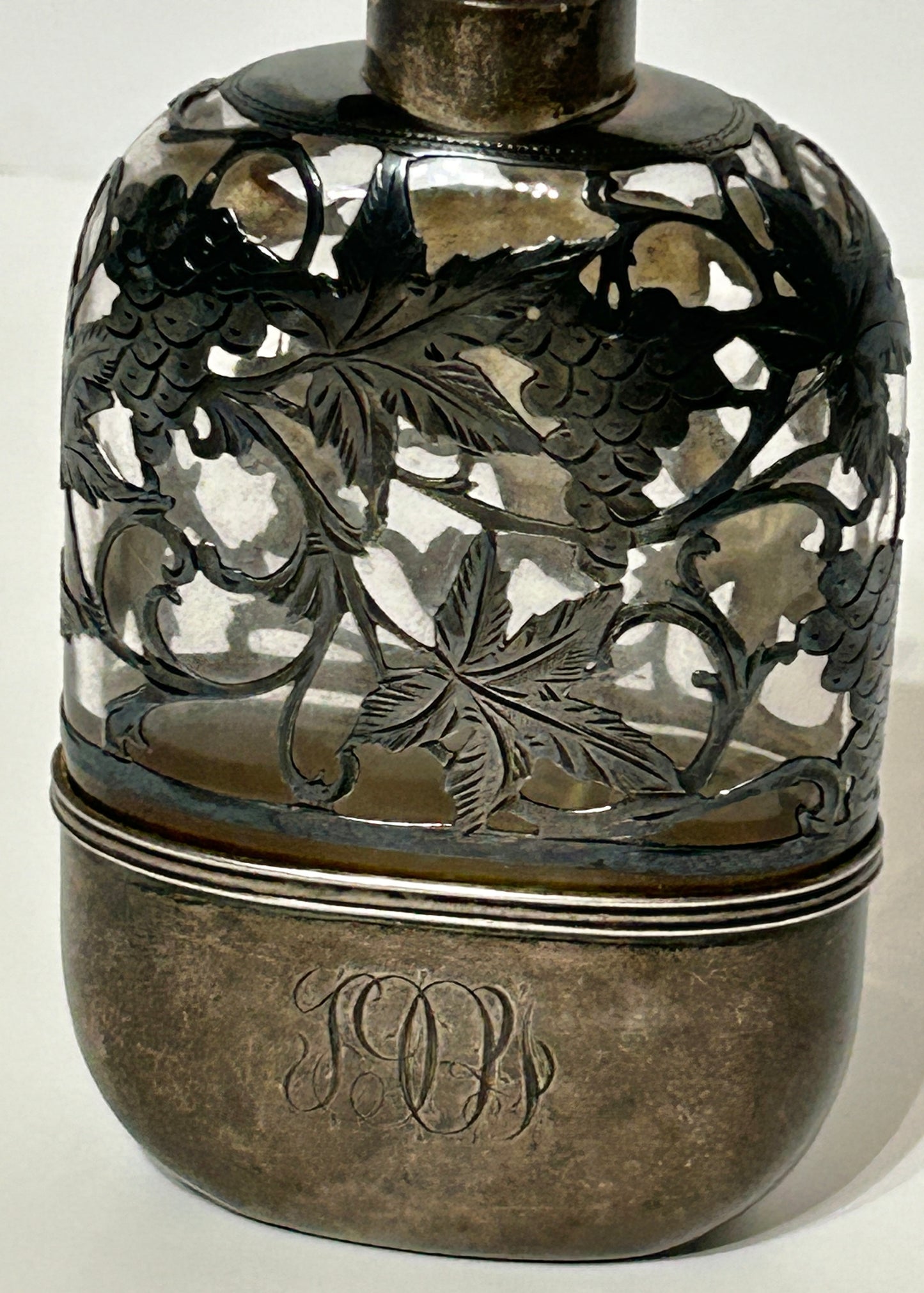 ANTIQUE STERLING OVERLAY ON GLASS PINT WHISKEY FLASK