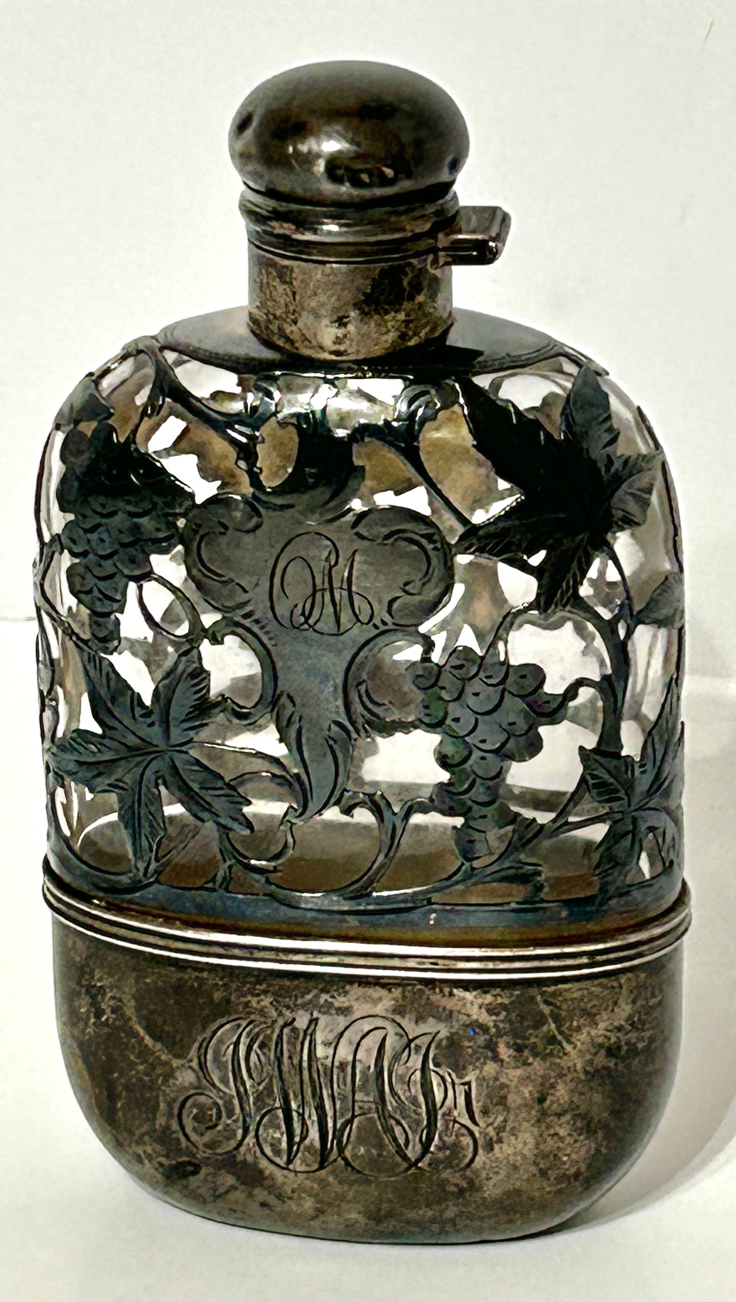ANTIQUE STERLING OVERLAY ON GLASS PINT WHISKEY FLASK