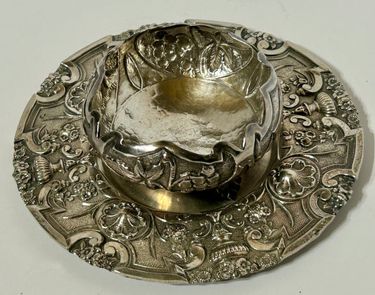 SILVER ANTIQUE SMALL PLATE AND SALT BOWL WITH FANCY DESIGNS