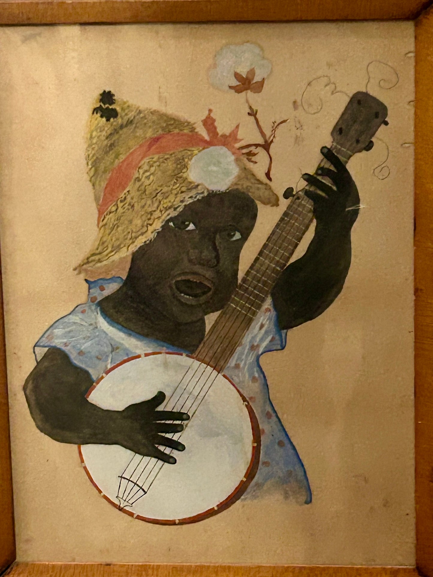 FOLK ART ANTIQUE PAINTING OF CHILD PLAYING BANJO