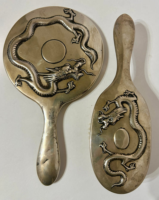 ANTIQUE CHINESE STERLING SILVER BRUSH AND MIRROR WITH 4 TOE DRAGON