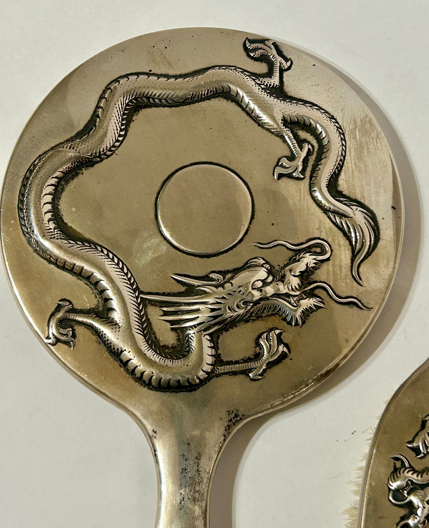 ANTIQUE CHINESE STERLING SILVER BRUSH AND MIRROR WITH 4 TOE DRAGON