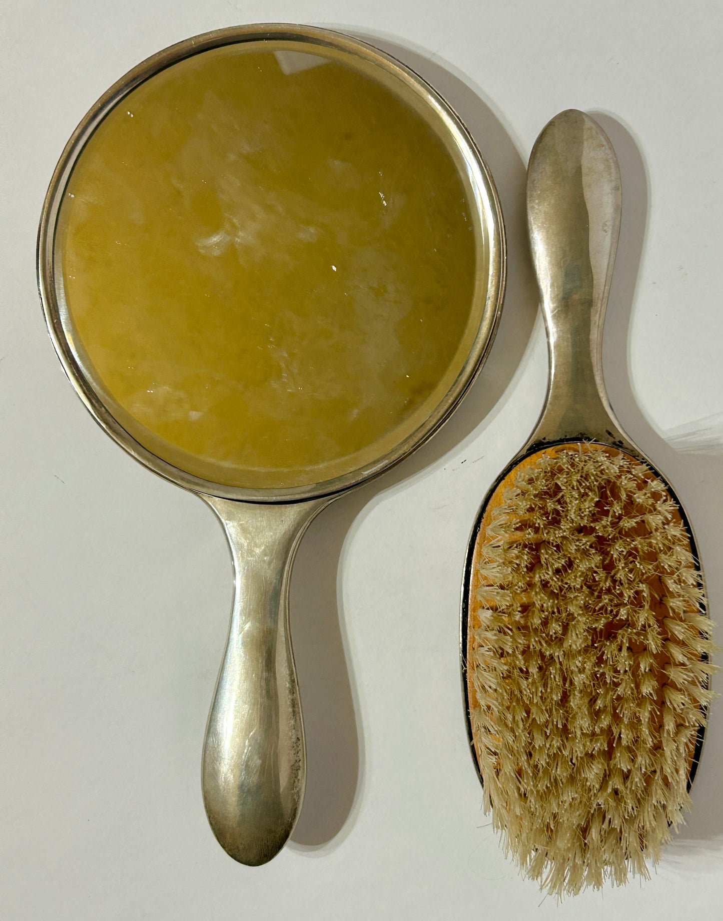 ANTIQUE CHINESE STERLING SILVER BRUSH AND MIRROR WITH 4 TOE DRAGON