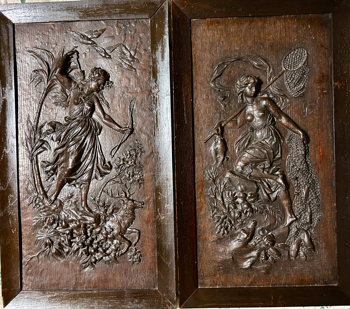 ANTIQUE CARVED WOOD CLASSICAL PLAQUES OF WOMEN HUNTING AND FISHING