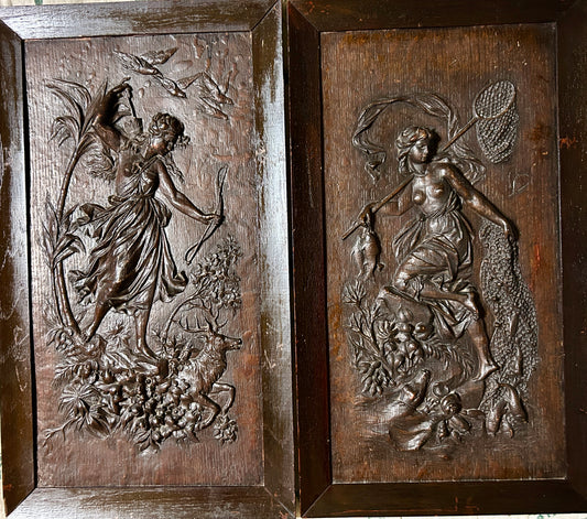 ANTIQUE CARVED WOOD CLASSICAL PLAQUES OF WOMEN HUNTING AND FISHING