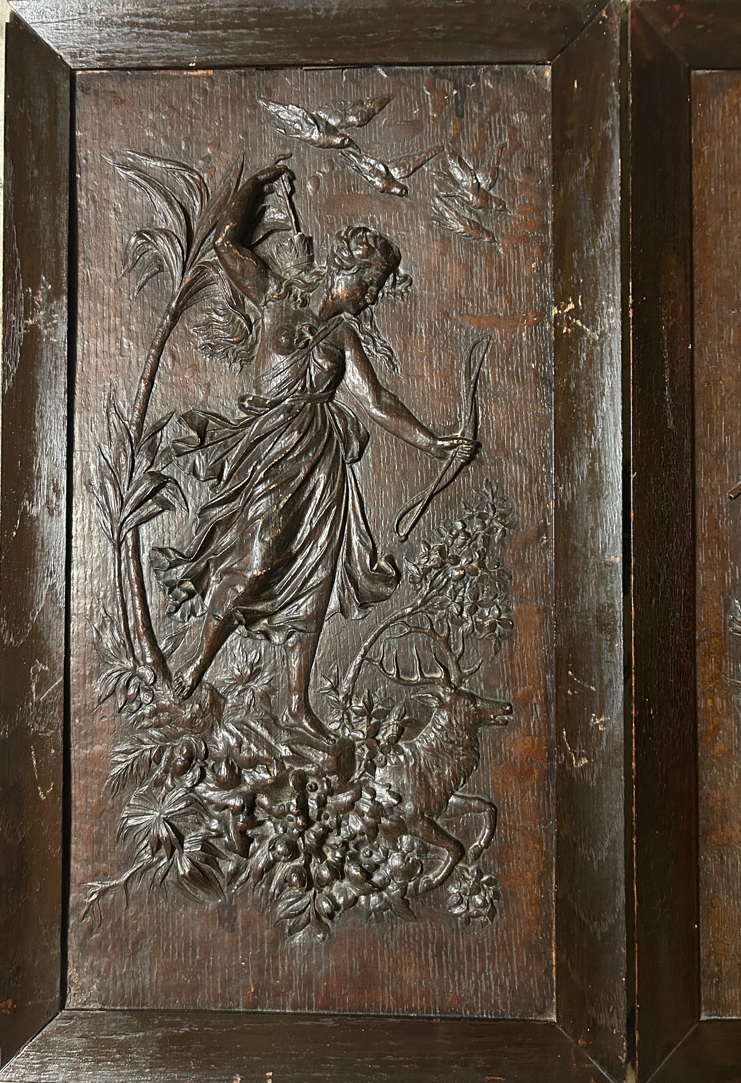 ANTIQUE CARVED WOOD CLASSICAL PLAQUES OF WOMEN HUNTING AND FISHING