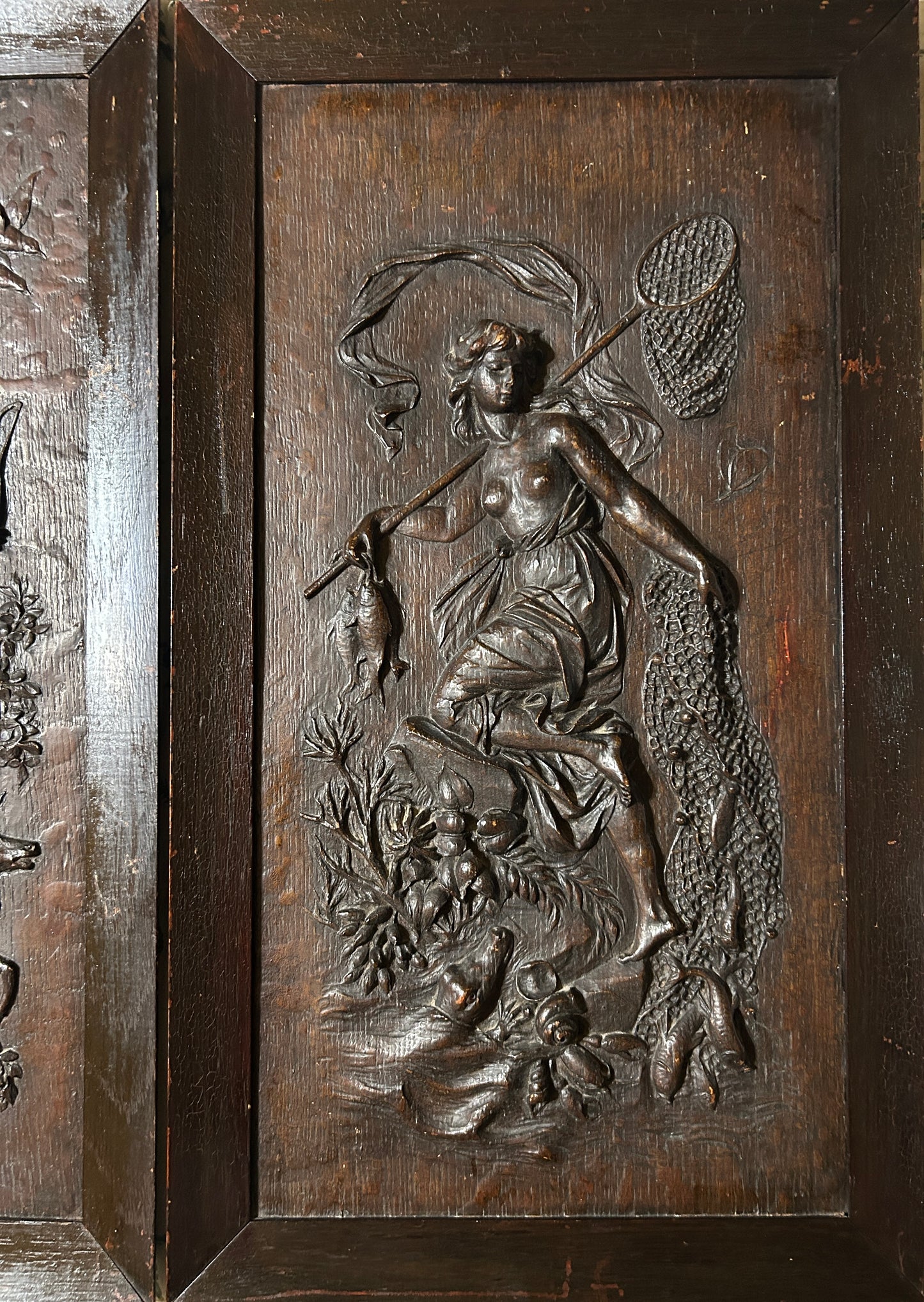 ANTIQUE CARVED WOOD CLASSICAL PLAQUES OF WOMEN HUNTING AND FISHING