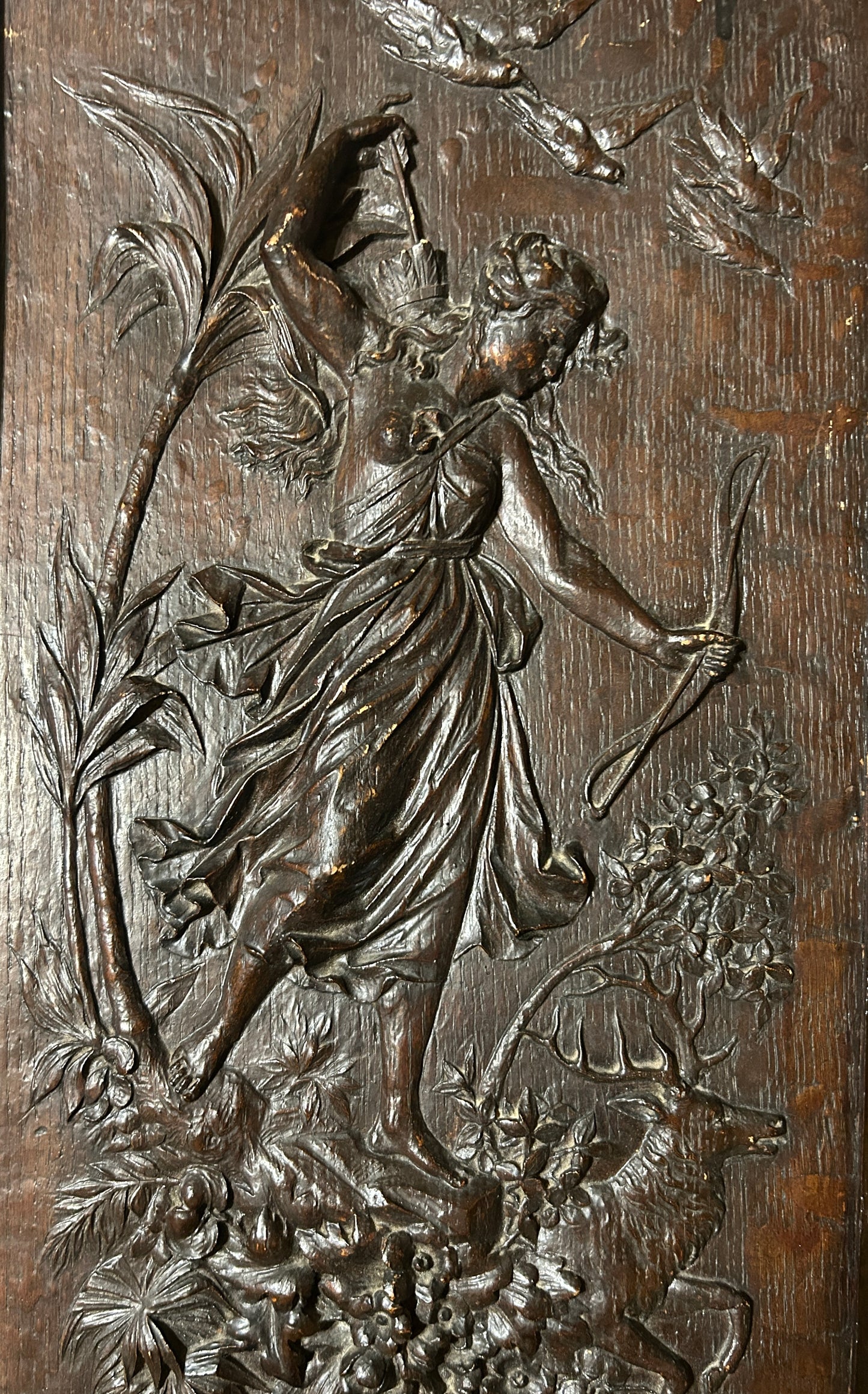 ANTIQUE CARVED WOOD CLASSICAL PLAQUES OF WOMEN HUNTING AND FISHING