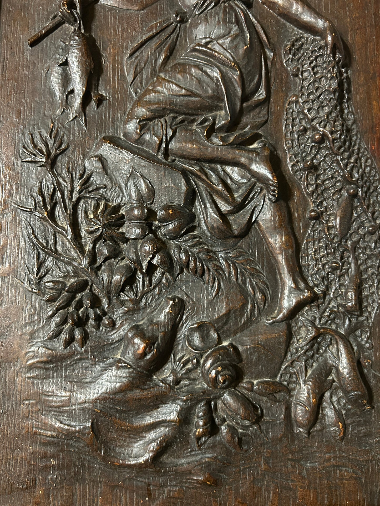 ANTIQUE CARVED WOOD CLASSICAL PLAQUES OF WOMEN HUNTING AND FISHING