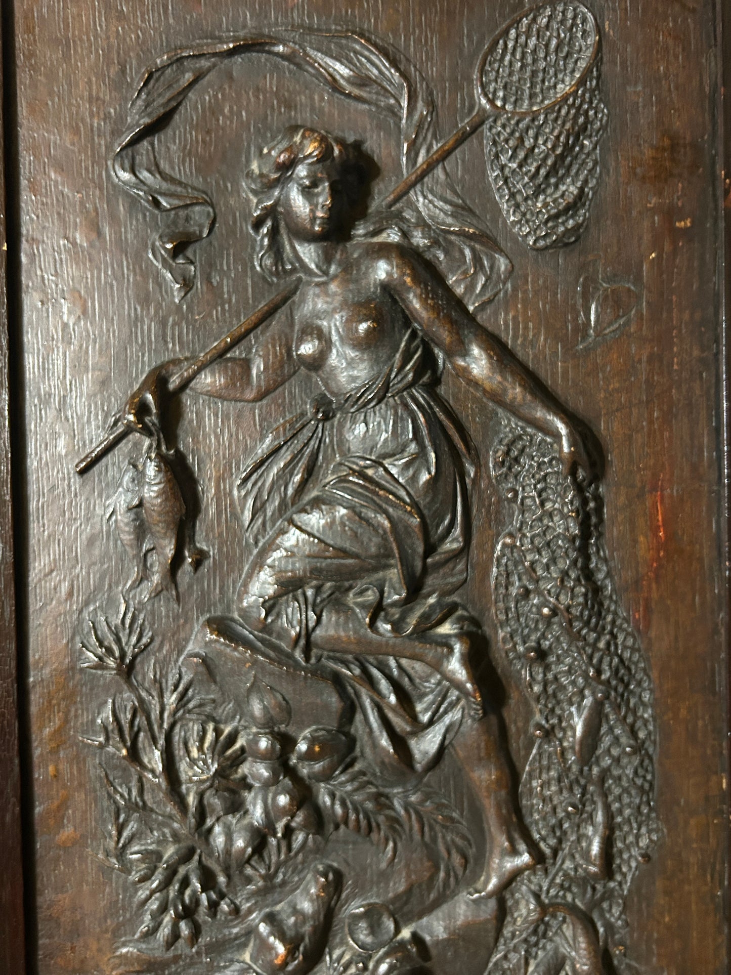 ANTIQUE CARVED WOOD CLASSICAL PLAQUES OF WOMEN HUNTING AND FISHING