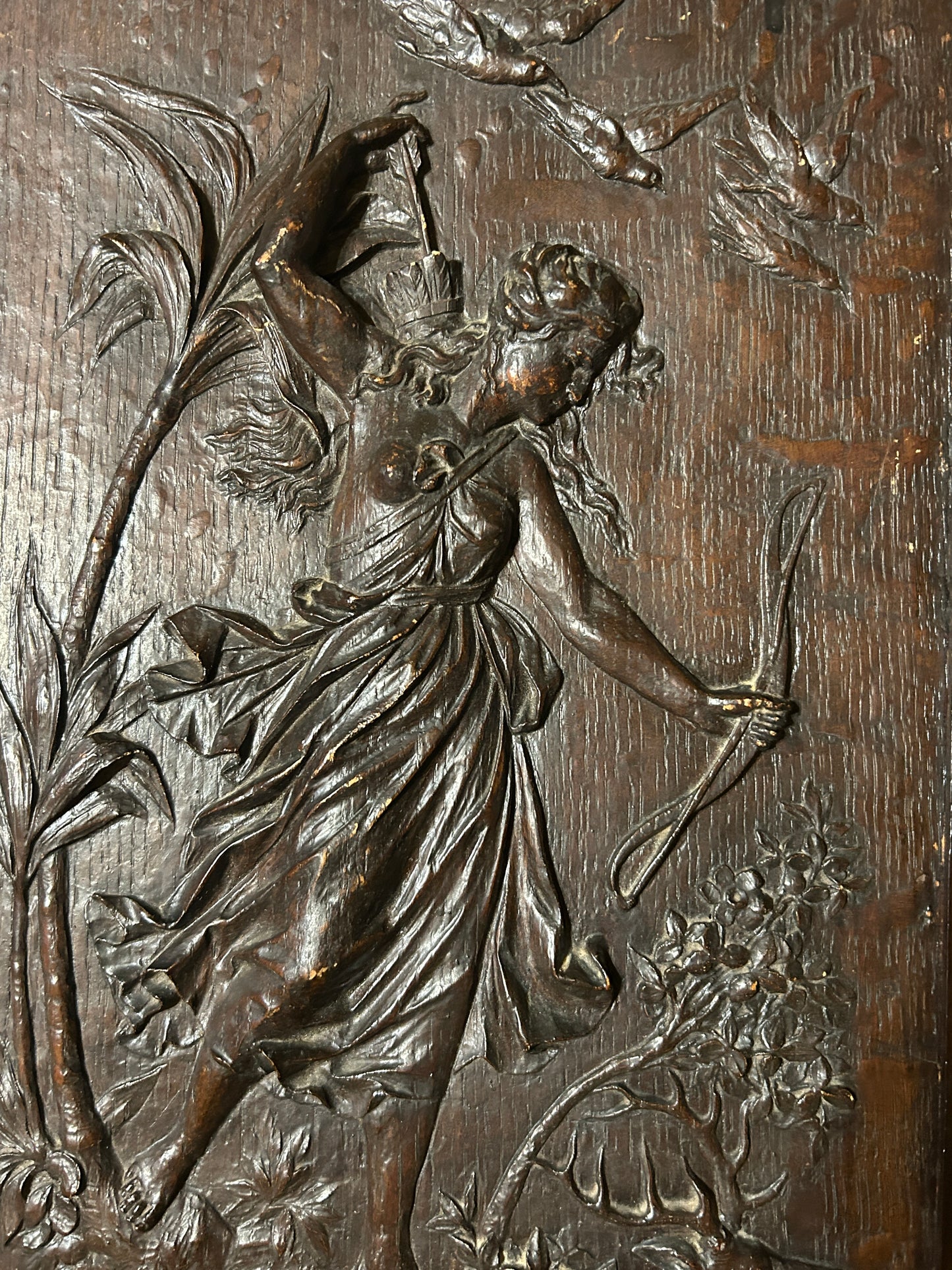 ANTIQUE CARVED WOOD CLASSICAL PLAQUES OF WOMEN HUNTING AND FISHING