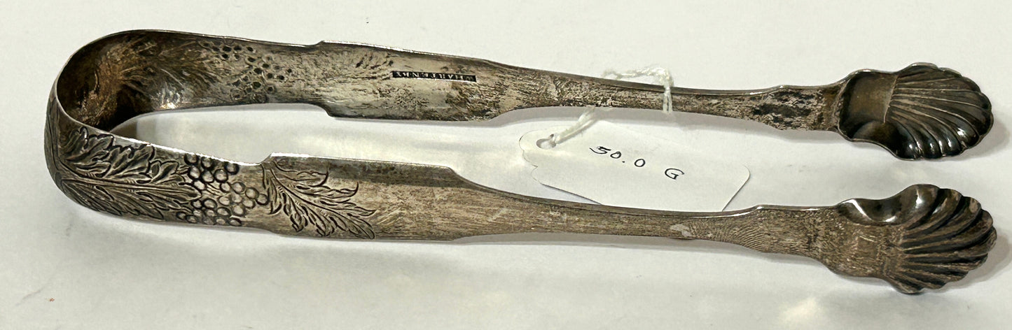 COIN SILVER ANTIQUE SUGAR TONGS BY WHARTENBY OF PHILADELPHIA